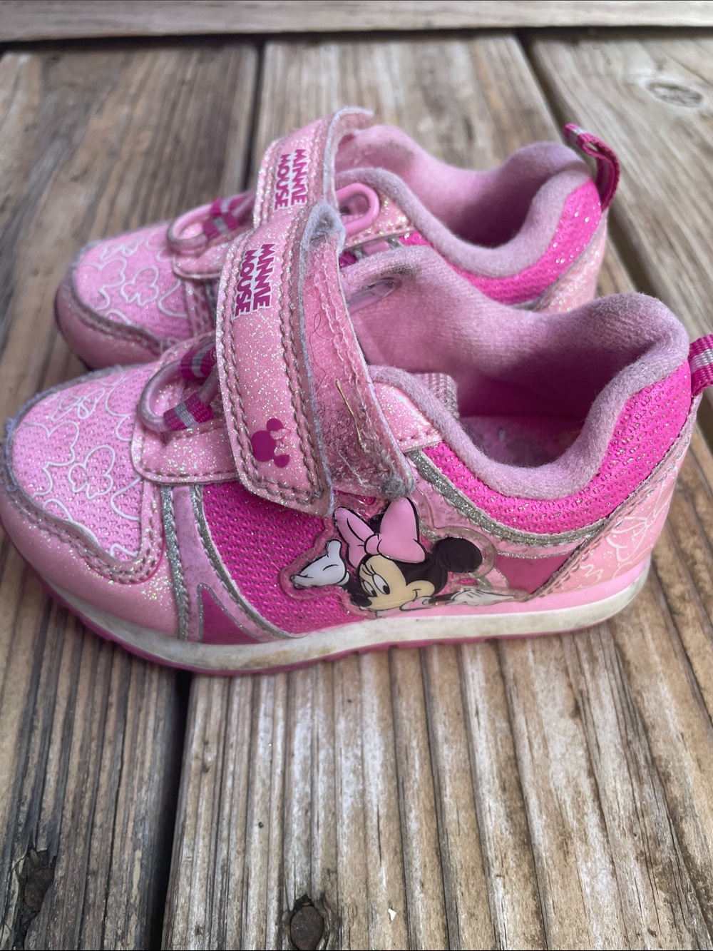 Disney Minnie Mouse Pink Glitter Sneakers Girls Size 6 Hook Loop